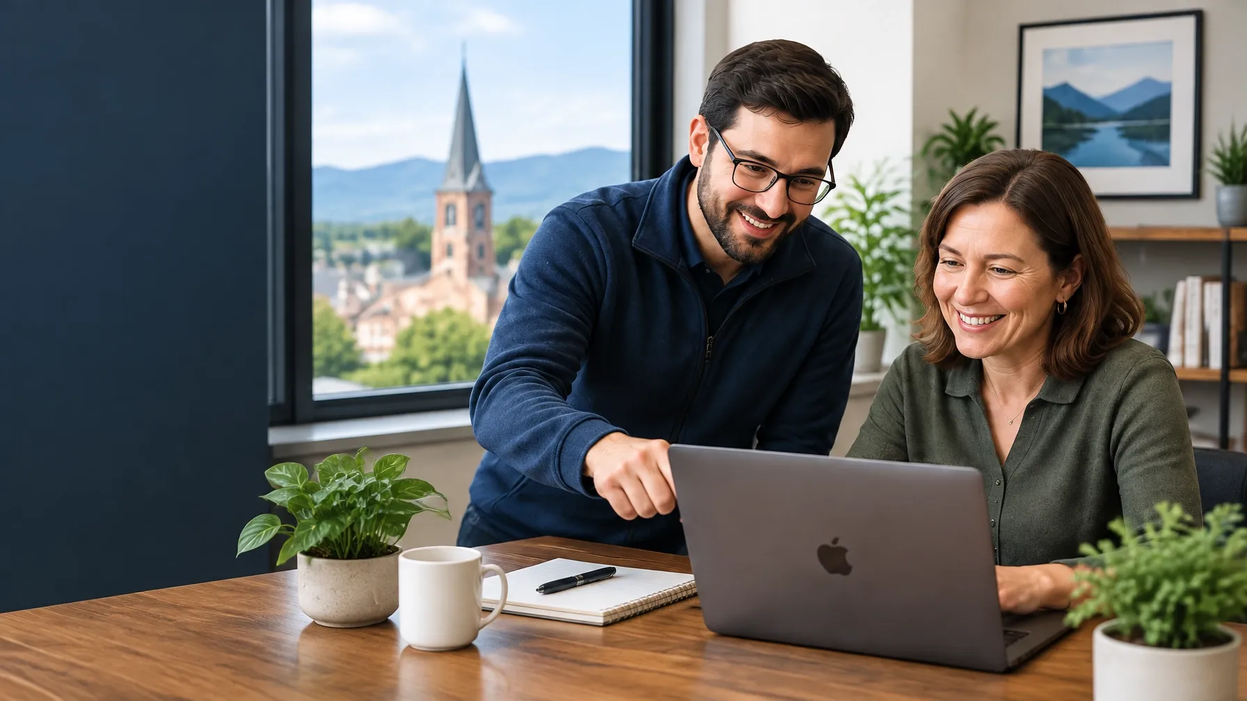 A local IT specialist helping a small-business owner at her laptop